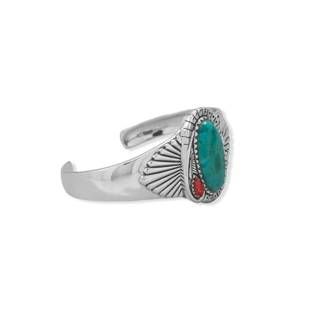 Turquoise and Sponge Coral Fan Design Cuff Bracelet - Picture 2 of 2